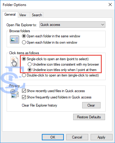 Single-click to open items in windows