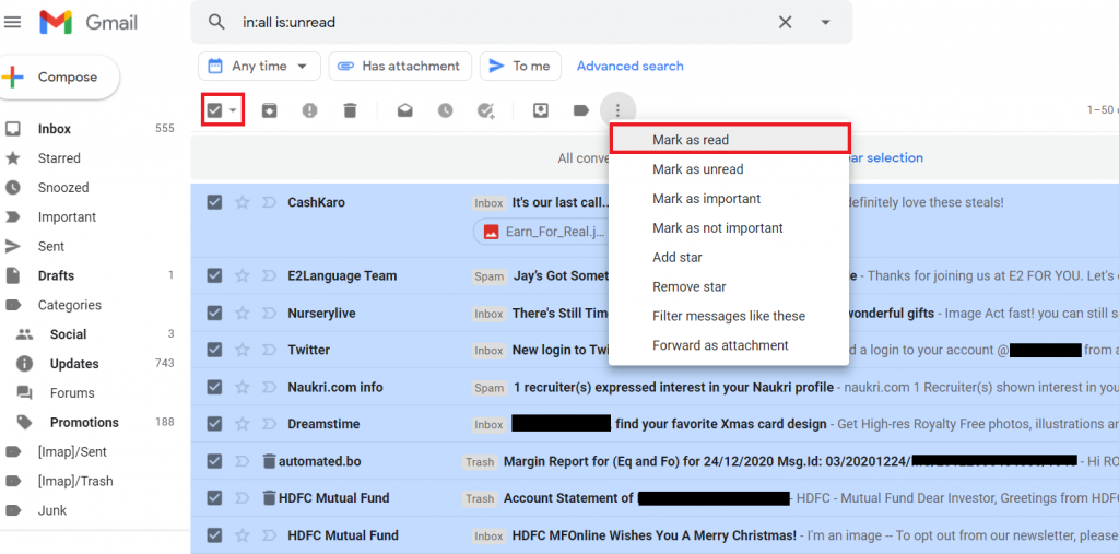 filter unread emails in gmail
