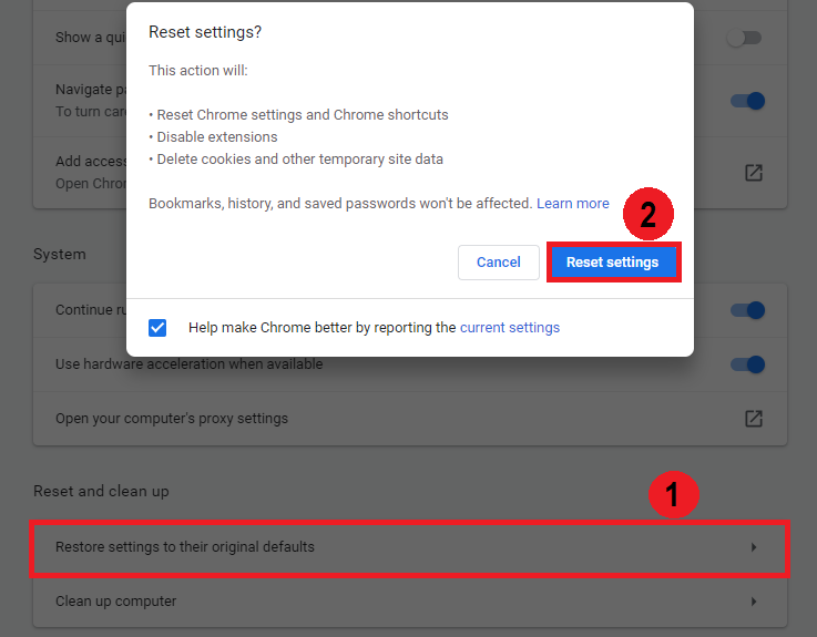 reset setting to default in chrome