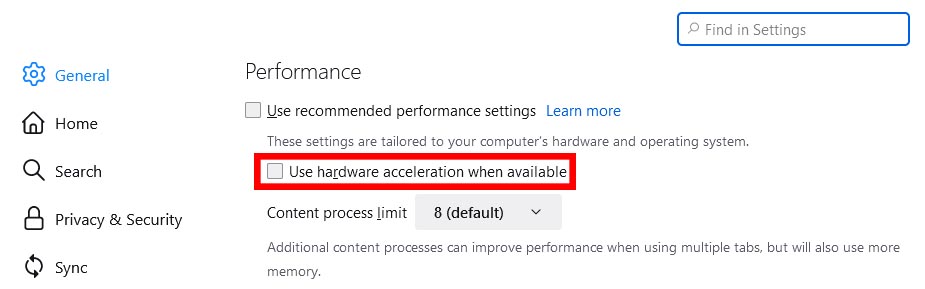 Disable hardware acceleration in firefox