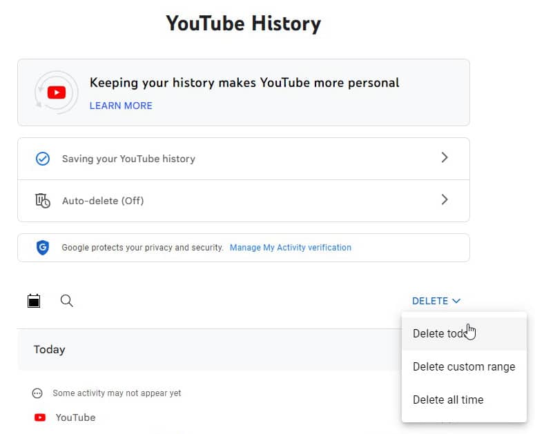 delete youtube watch history
