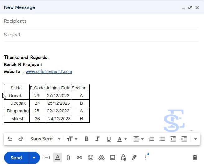 how to Insert a Tables in Gmail Emails